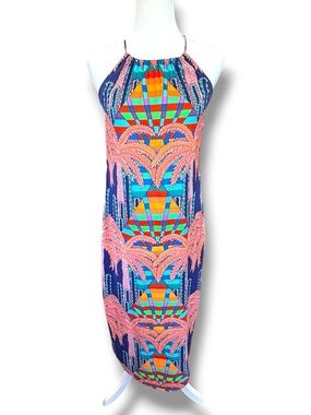 Mara Hoffman Vibrant Multi Satin Easy Sleeveless Midi Dress Mirage Orange Navy S